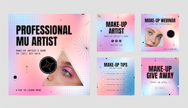 Vector gratuito colección de publicaciones de instagram de artista de maquillaje degradado