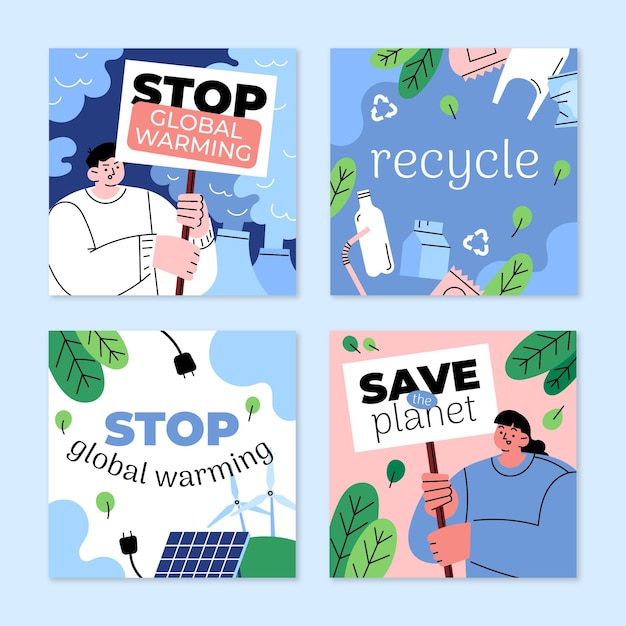 Colección de publicaciones de instagram de cambio climático plano dibujadas a mano