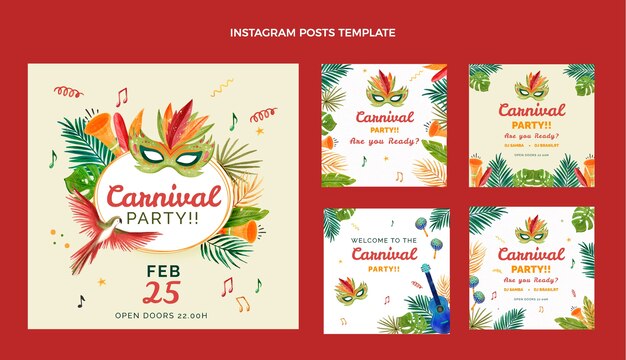 Vector gratuito colección de publicaciones de instagram de carnaval de acuarela