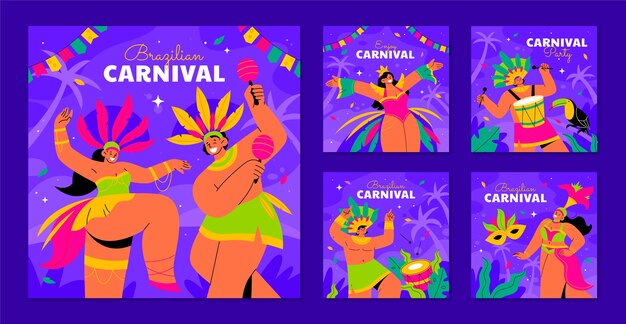 Colección de publicaciones de Instagram del carnaval brasileño plano