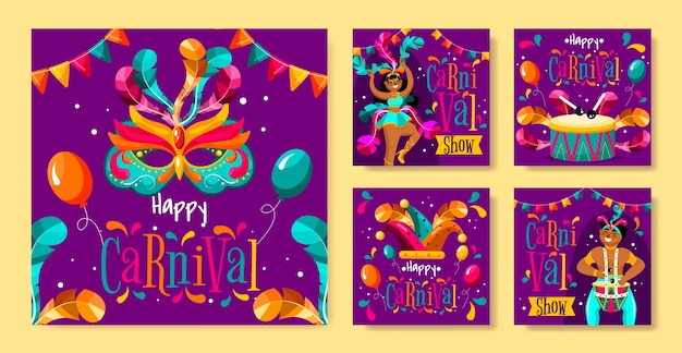 Vector gratuito colección de publicaciones de instagram de celebración de carnaval