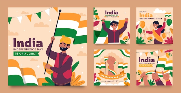 Vector gratuito colección de publicaciones de instagram para la celebración del día de la independencia de india