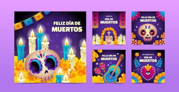 Vector gratuito colección de publicaciones de instagram de celebración de dia de muertos degradado