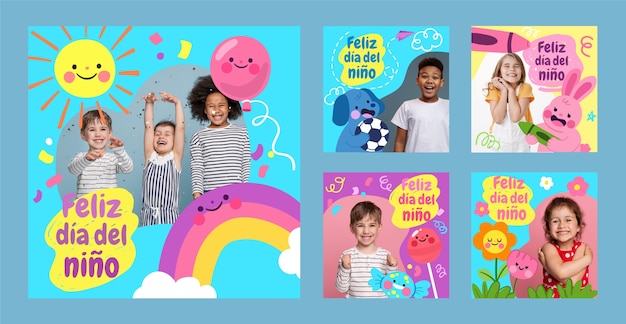 Vector gratuito colección de publicaciones de instagram para la celebración del día del niño en español