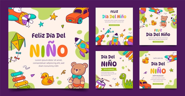 Vector gratuito colección de publicaciones de instagram para la celebración del día del niño en español