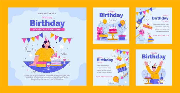 Vector gratuito colección de publicaciones de instagram para celebración de fiesta de cumpleaños