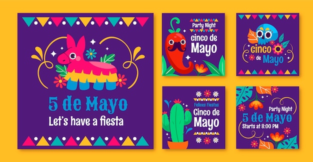 Colección de publicaciones de instagram para la celebración de flat cinco de mayo