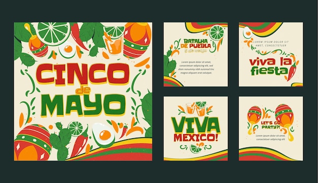 Vector gratuito colección de publicaciones de instagram para la celebración de flat cinco de mayo