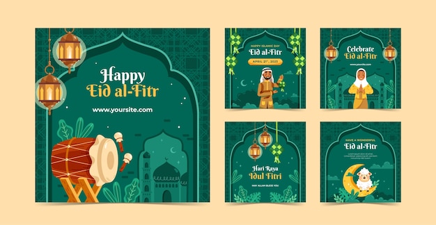 Colección de publicaciones de instagram para la celebración islámica de eid al-fitr