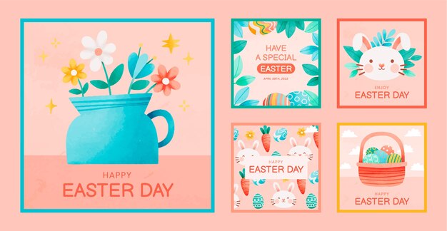 Colección de publicaciones de instagram de celebración de pascua en acuarela