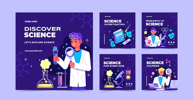 Vector gratuito colección de publicaciones de instagram para ciencia e investigación.