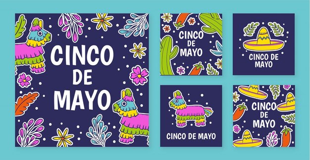 Vector gratuito colección de publicaciones de instagram de cinco de mayo dibujadas a mano