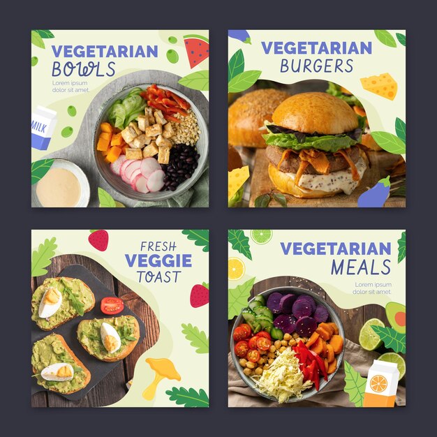 Colección de publicaciones de instagram de comida vegetariana plana dibujada a mano