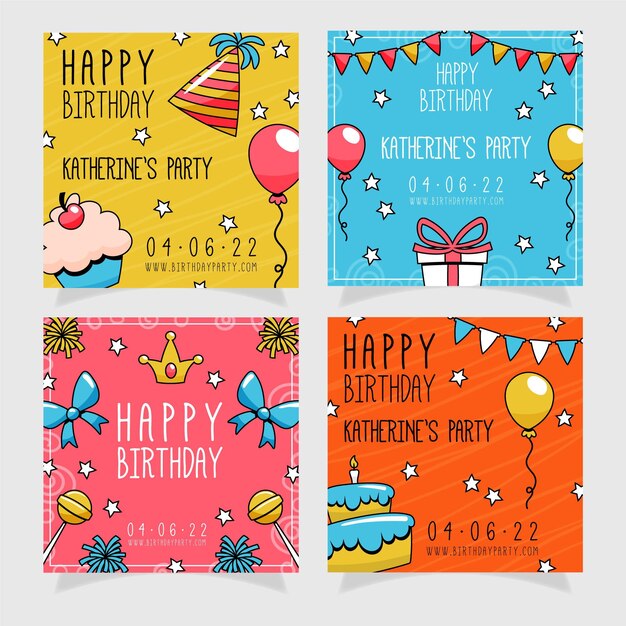 Colección de publicaciones de instagram de cumpleaños dibujadas a mano