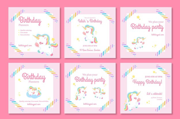 Colección de publicaciones de instagram de cumpleaños de unicornio para niños