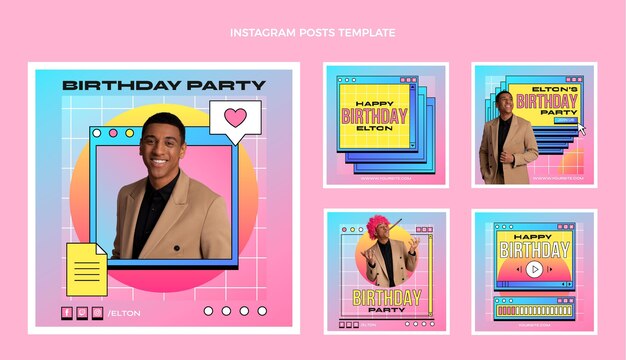 Colección de publicaciones de instagram de cumpleaños de vaporwave retro degradado