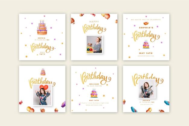 Vector gratuito colección de publicaciones de instagram de cumpleaños