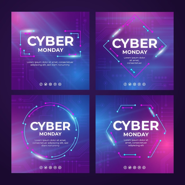 Vector gratuito colección de publicaciones de instagram de cyber monday de gradiente cibernético realista