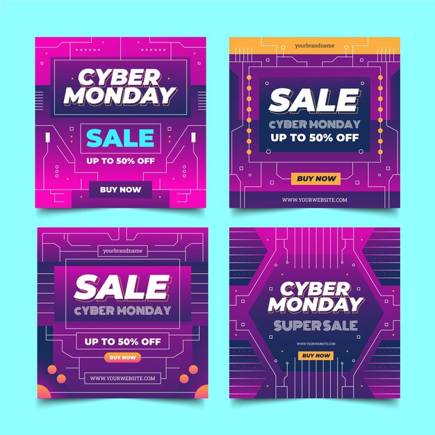 Colección de publicaciones de instagram de cyber monday gradiente
