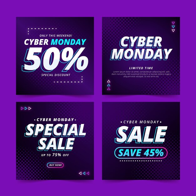 Colección de publicaciones de instagram de cyber monday gradiente