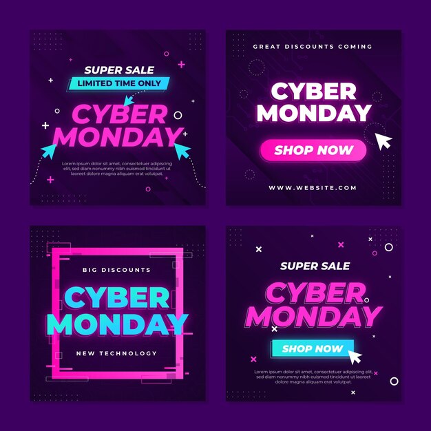 Colección de publicaciones de instagram de cyber monday gradiente