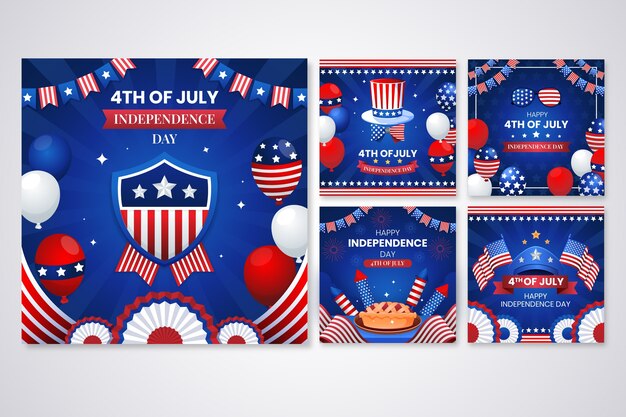 Colección de publicaciones de instagram degradadas para la celebración americana del 4 de julio