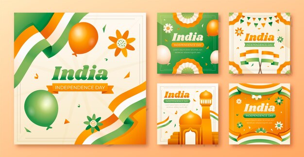 Colección de publicaciones de instagram degradadas para la celebración del día de la independencia de la india