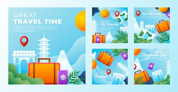 Vector gratuito colección de publicaciones de instagram degradadas para la celebración del día mundial del turismo