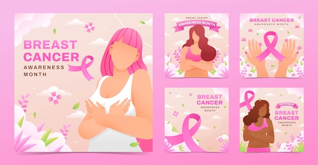 Vector gratuito colección de publicaciones de instagram degradadas para el mes de concientización sobre el cáncer de mama