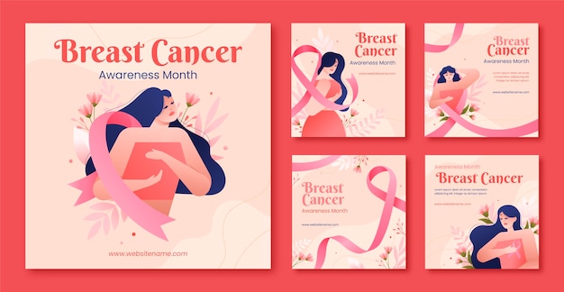 Vector gratuito colección de publicaciones de instagram degradadas para el mes de concientización sobre el cáncer de mama