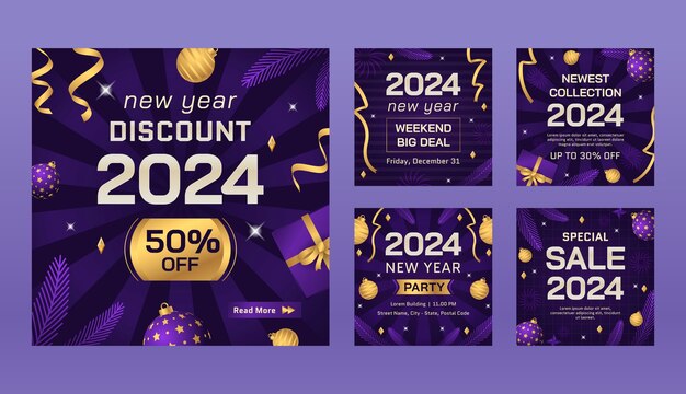 Colección de publicaciones de instagram en degradado para la celebración del año nuevo 2024