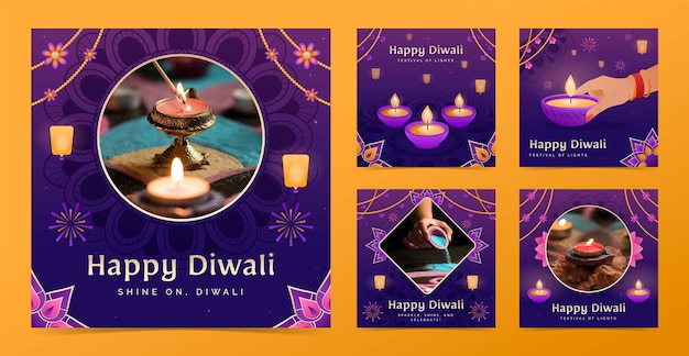 Vector gratuito colección de publicaciones de instagram en degradado para la celebración del festival de diwali con velas y linternas