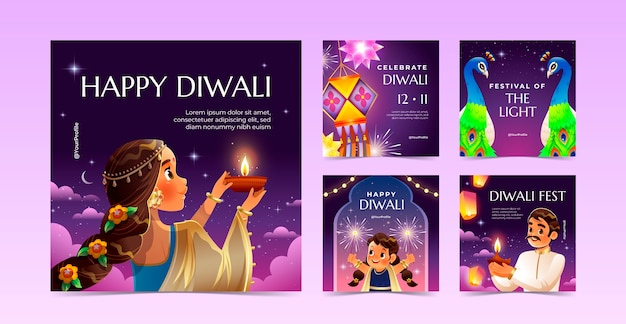 Vector gratuito colección de publicaciones de instagram en degradado para la celebración del festival de diwali