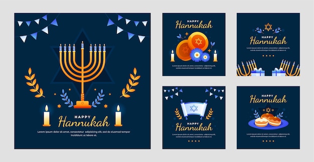 Colección de publicaciones de instagram en degradado para la celebración de hanukkah