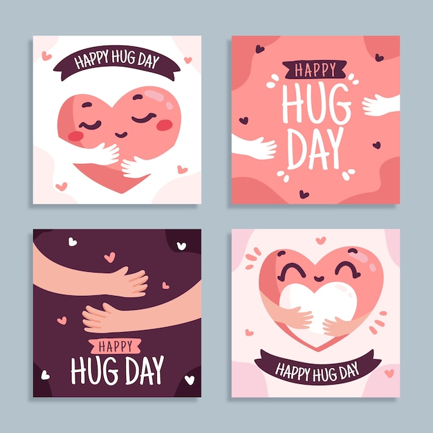 Vector gratuito colección de publicaciones de instagram del día del abrazo plano dibujado a mano