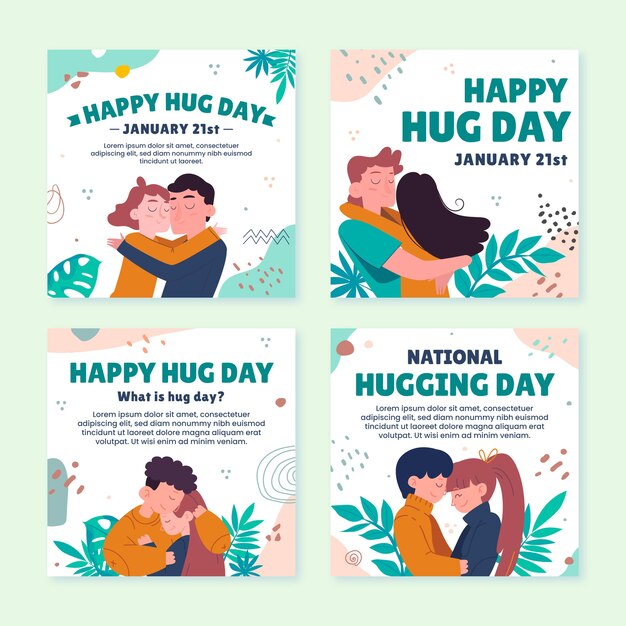 Vector gratuito colección de publicaciones de instagram del día del abrazo plano dibujado a mano