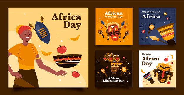 Colección de publicaciones de instagram del día de África dibujadas a mano