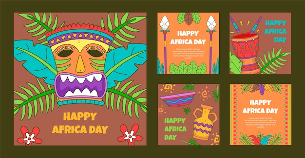 Colección de publicaciones de instagram del día de áfrica dibujadas a mano