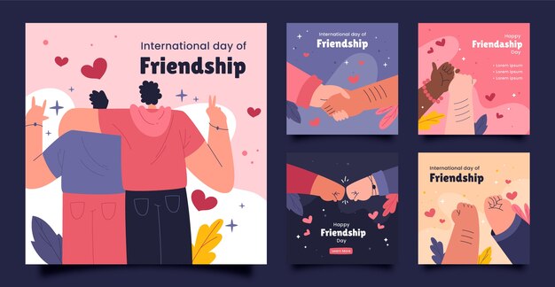 Colección de publicaciones de instagram del día de la amistad dibujadas a mano
