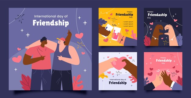 Colección de publicaciones de instagram del día de la amistad dibujadas a mano