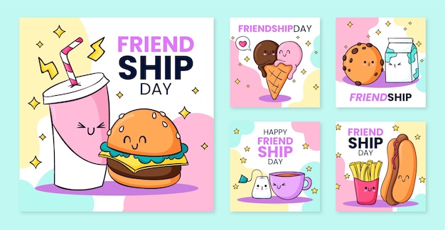 Vector gratuito colección de publicaciones de instagram del día de la amistad dibujadas a mano