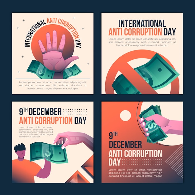 Vector gratuito colección de publicaciones de instagram del día anticorrupción degradado