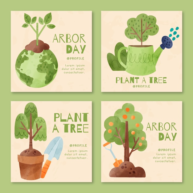 Vector gratuito colección de publicaciones de instagram del día del árbol en acuarela