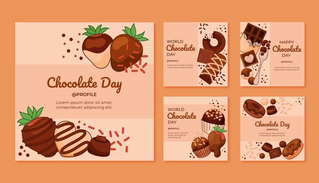 Colección de publicaciones de instagram del día del chocolate dibujadas a mano