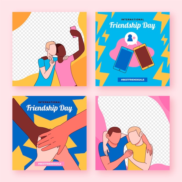 Colección de publicaciones de instagram del día internacional de la amistad dibujadas a mano