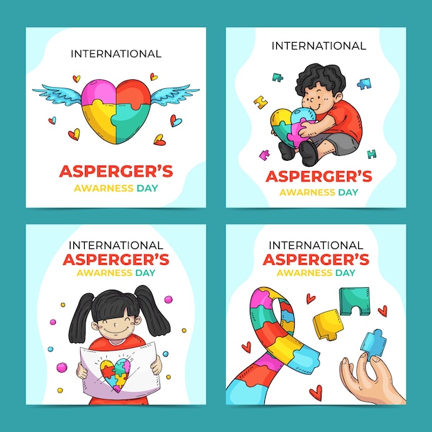 Vector gratuito colección de publicaciones de instagram del día internacional de asperger dibujadas a mano