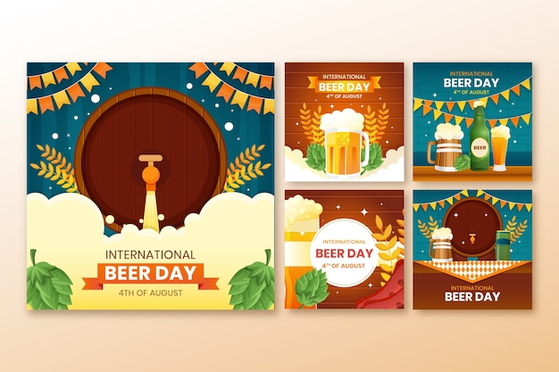 Vector gratuito colección de publicaciones de instagram del día internacional de la cerveza degradado