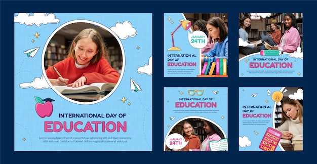 Vector gratuito colección de publicaciones de instagram del día internacional de la educación dibujadas a mano