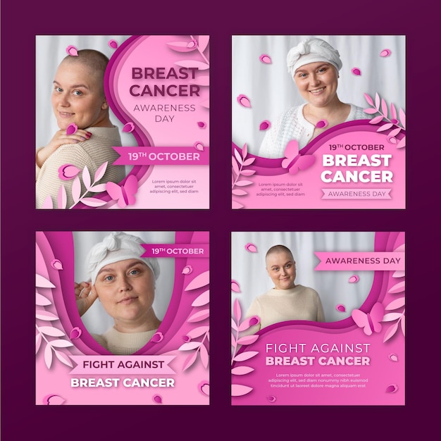 Vector gratuito colección de publicaciones de instagram del día internacional del estilo de papel contra el cáncer de mama