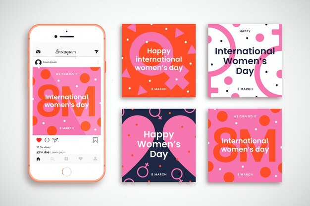 Vector gratuito colección de publicaciones de instagram del día internacional de la mujer